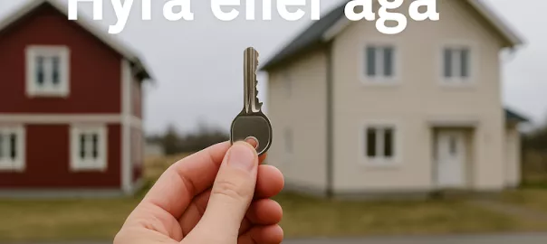 "Hand håller nyckel framför två hus – symboliserar valet mellan att hyra eller äga bostad vid flytt eller bostadsbyte"